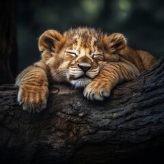 Fototapeta premium Lion cub on a log. A small cute lion cub lies on a wooden log. Closeup