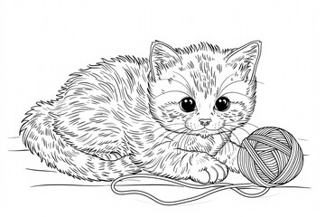 A cute, fluffy kitten with big eyes playing with a ball of yarn, showcasing its playful personality and charm.