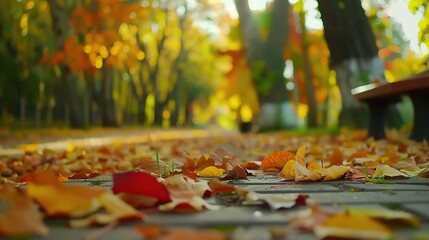 Beautiful Autumn Landscape in the Park with Colorful Foliage and Falling Leaves, Creating a Charming Natural Background for Relaxation.