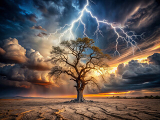 lone tree stands resilient in cracked, arid landscape as fierce thunderstorm rages above, with dramatic lightning bolts illuminating stormy sky and vibrant sunset hues