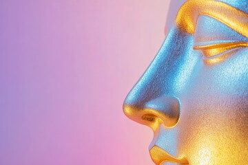Naklejka premium Close-up of metallic face sculpture with vibrant color reflections