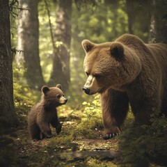 Obraz premium A mother bear with a cub in the forest. Brown bear (Ursus arctos) with cubs. Brown bears in Romania.
