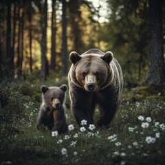 Fototapeta premium A mother bear with a cub in the forest. Brown bear (Ursus arctos) with cubs. Brown bears in Romania.