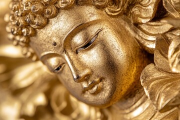Golden buddha statue close-up with detailed facial features and curling hair