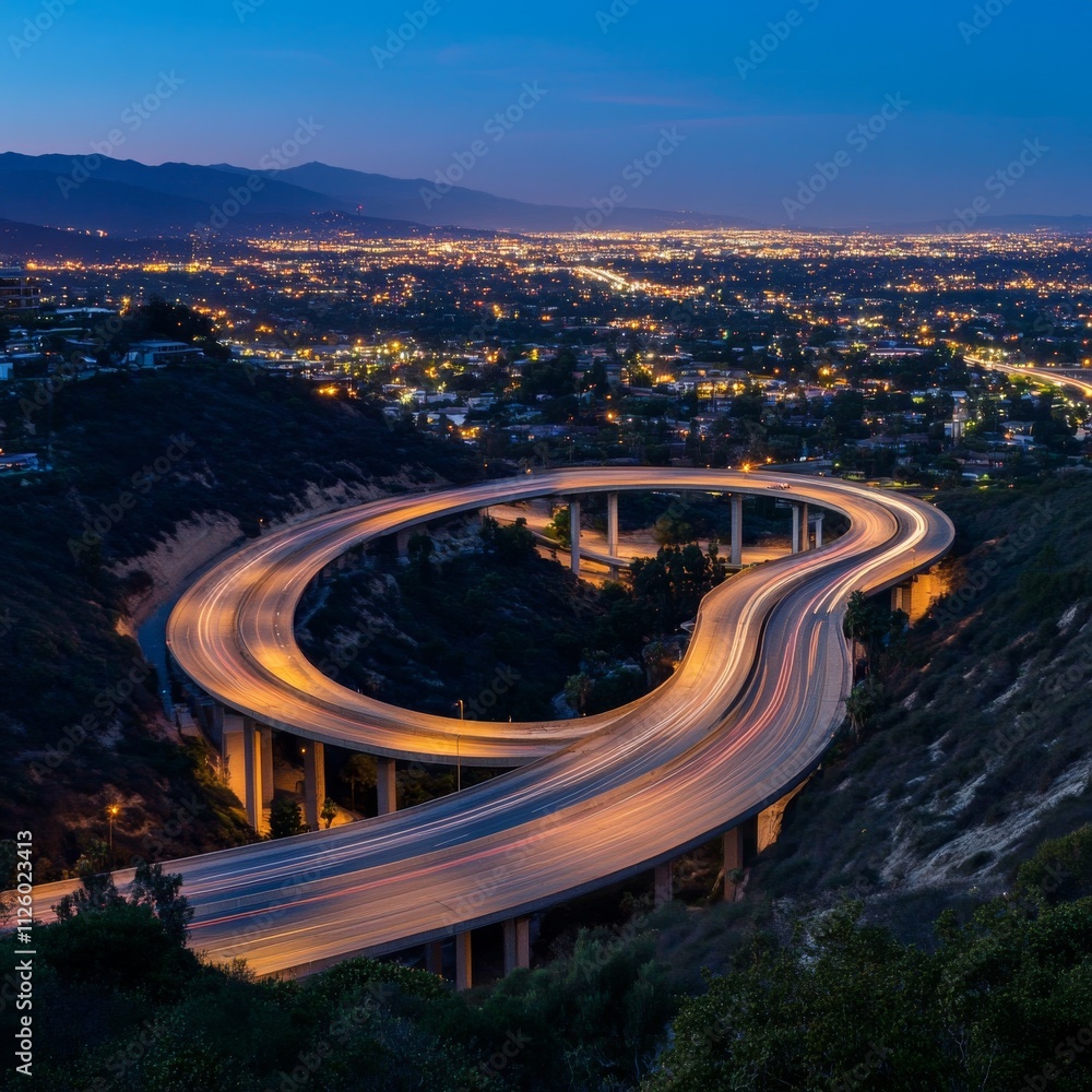 Poster top view and curvy of highway overpass with beautiful city background. night scene.