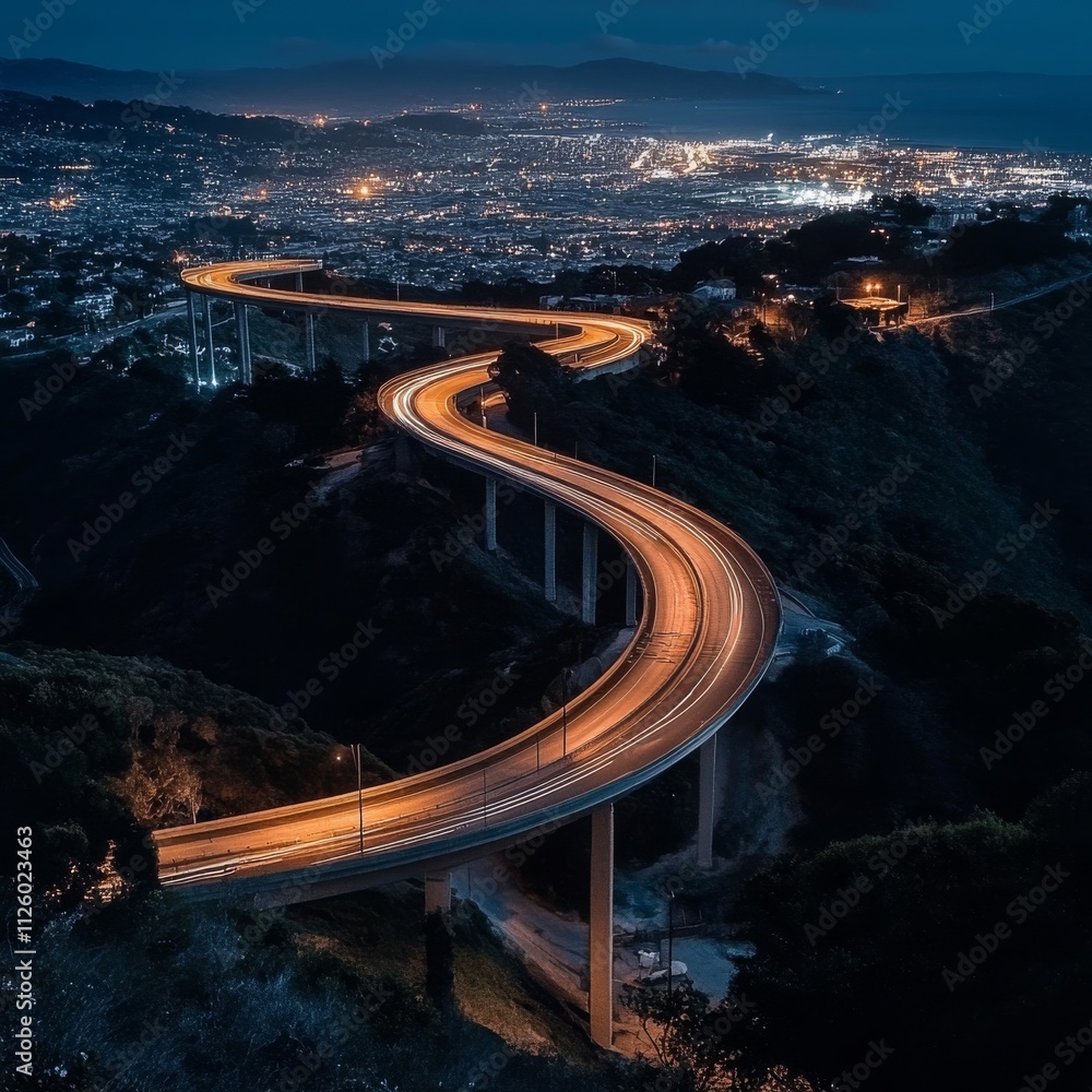 Poster top view and curvy of highway overpass with beautiful city background. night scene.