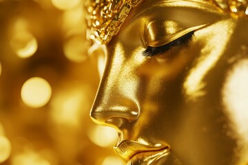 Obraz premium Golden metallic female face with abstract lighting and elegance