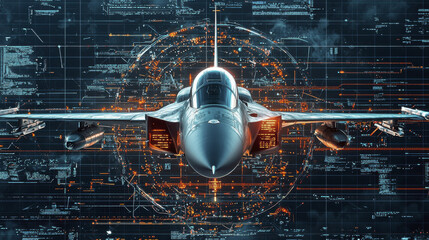 military jet with advanced technology and digital interface, showcasing its powerful design and capabilities. image conveys sense of strength and innovation