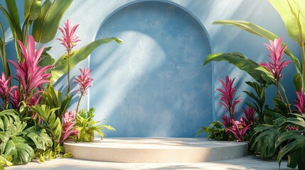 Tropical plants frame a light blue arched backdrop with a circular platform.