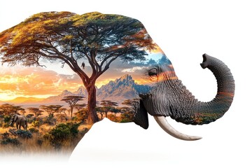 Elephant with African savannah in double exposure art.