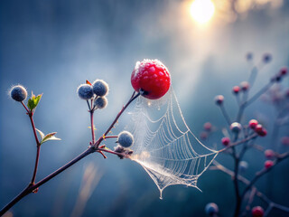 frosty red berry adorned with delicate spiderweb glistens in soft morning light, surrounded by misty blue tones and small buds, evoking serene and ethereal atmosphere