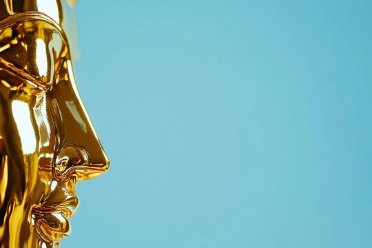 Golden abstract sculpture of a human face on blue background