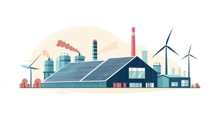 Obraz premium A carbon-neutral factory with solar panels on the roof and wind turbines nearby, showcasing sustainable industrial design