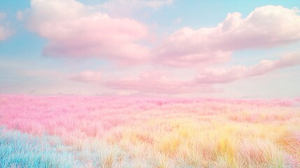 Soft pastel rainbow-colored meadow with patches of pink, blue, yellow, and green fluffy grass blending harmoniously under a soft sky painted with pastel clouds, creating a magical, dreamlike ambiance,