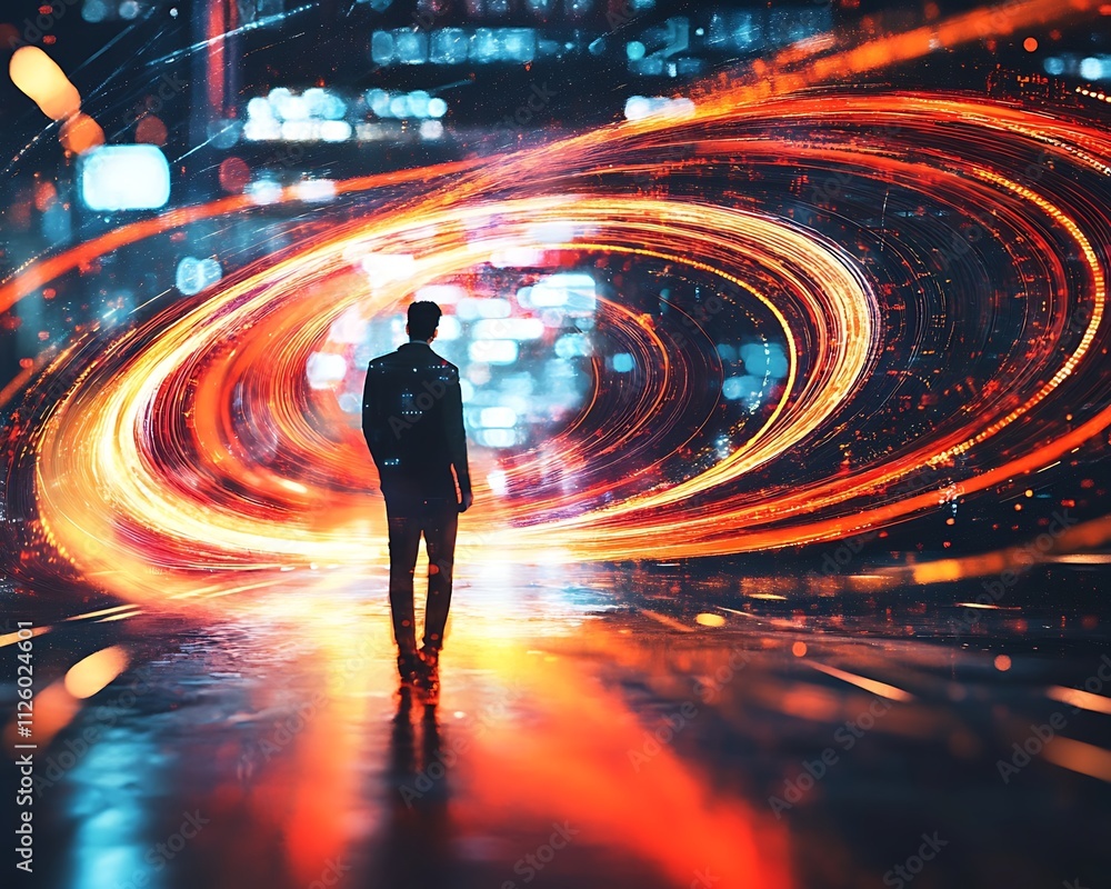Poster the hacker theme, mysterious figure of a hacker standing amidst swirling light trails creating an en