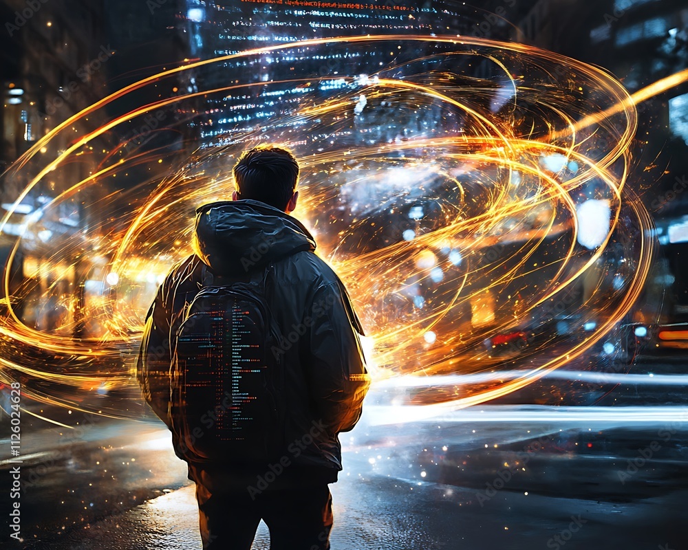 Poster the hacker theme, a mysterious hacker surrounded by swirling light trails in a futuristic cityscape 