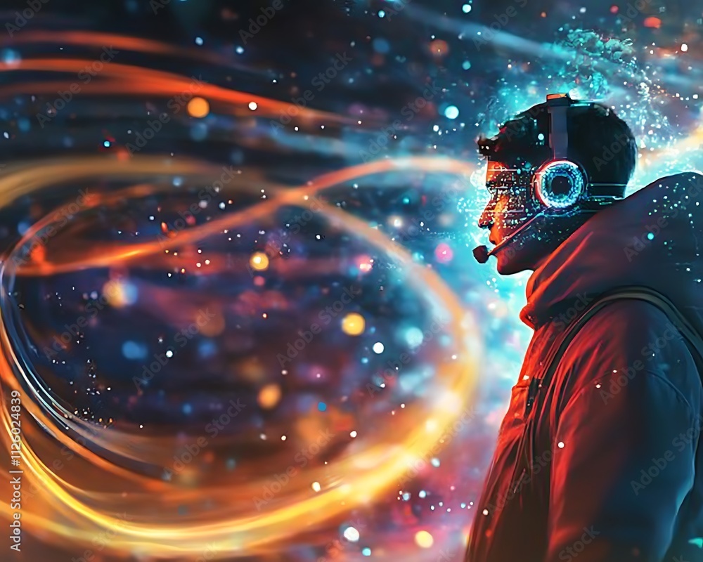 Poster the hacker theme, futuristic digital hacker in a cosmic environment surrounded by swirling light tra