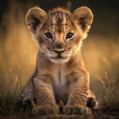 Obraz premium Photoshoot of a little lion. Lion cub. Beautiful funny lion.