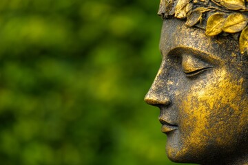 Serene golden statue with leaf crown against green background