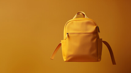  a sleek and minimalist yellow backpack set against a gradient yellow background The backpack is centrally positioned, with its straps extending slightly outward, creating a balanced and symmetry