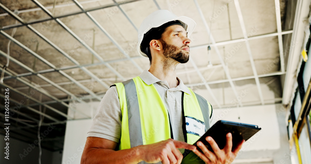 Poster Construction site, thinking and man with tablet, engineering and network with online schedule. Person, architecture and employee with hard hat, technology and connection with digital app and network