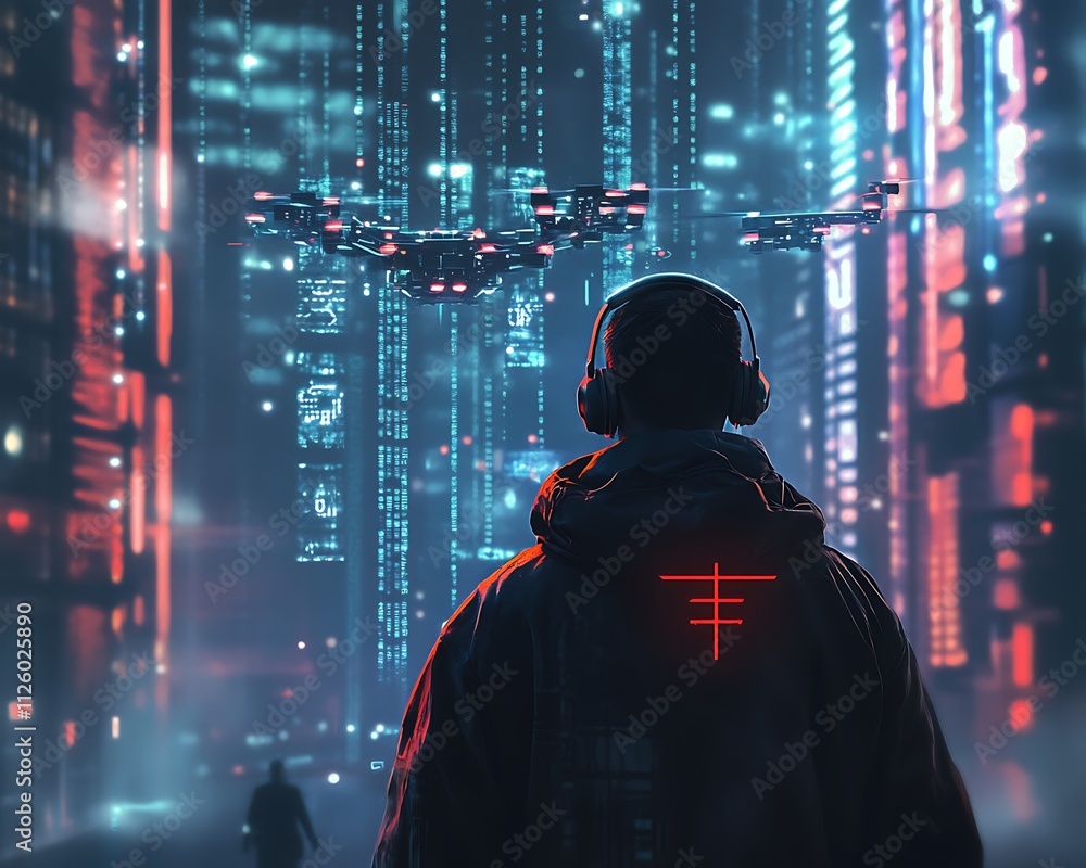 Poster the hacker theme, futuristic hacker in cyberpunk cityscape with high-tech drones and neon lights, ca
