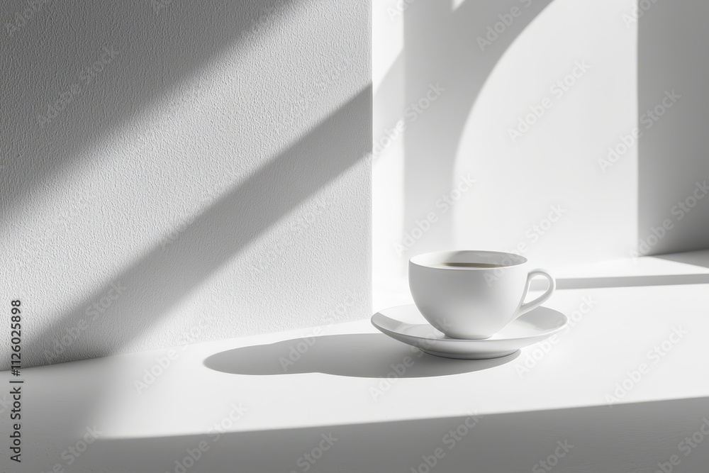 Poster minimalist white cup and saucer on bright surface with soft shadows. clean lines and light create se