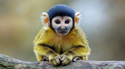 Close-up portrait of a green monkey (Chlorocebus sabaeus), sitting on a log in the wild in Gambia (Africa) 
