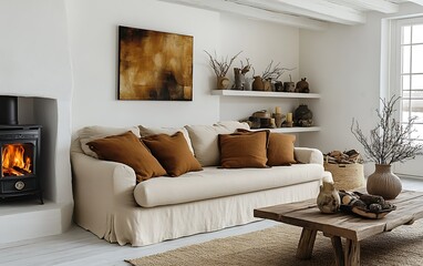 Cozy living room with fireplace, beige sofa, and rustic decor. (1)