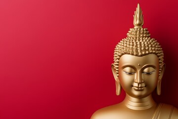 Fototapeta premium Golden buddha statue on red background depicting tranquility and spirituality