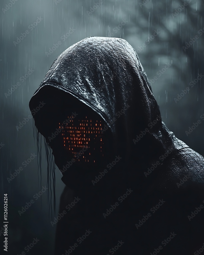 Poster the hacker theme, mysterious figure in hooded cloak with glowing face surrounded by rain and fog in 