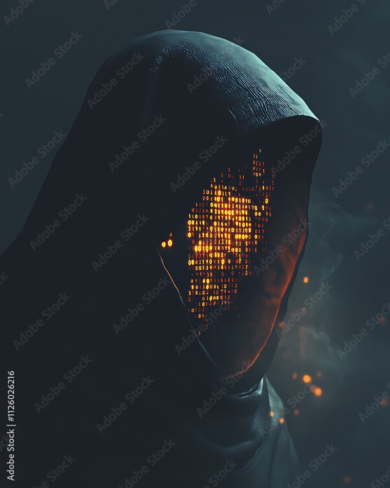 Poster the hacker theme, mysterious hooded figure with glowing face pattern and dark background for intrigu