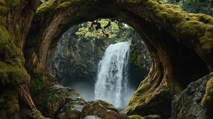 Fototapeta premium Enchanted Waterfall Framed by Mossy Arch