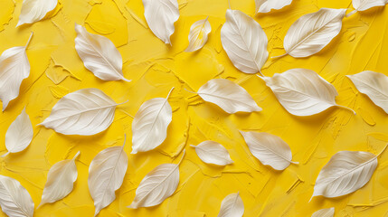  a vibrant and textured yellow background with a decorative arrangement of white leaves scattered across the surface The leaves are evenly distributed, creating a visually appealing contrast 