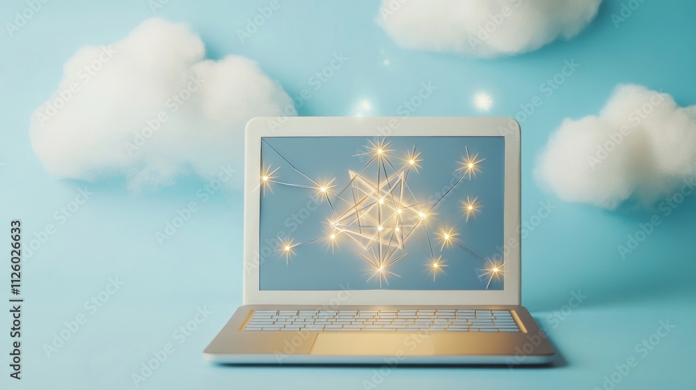 Poster futuristic paper laptop mockup with star design and fairy lights on cloudy background