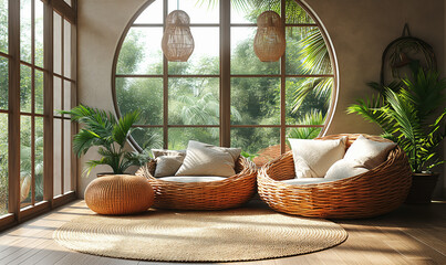 Cozy wicker chairs and natural decor in a sunlit room surrounded by greenery.
