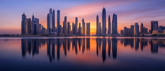 Obraz premium stunning city skyline at sunset with reflections
