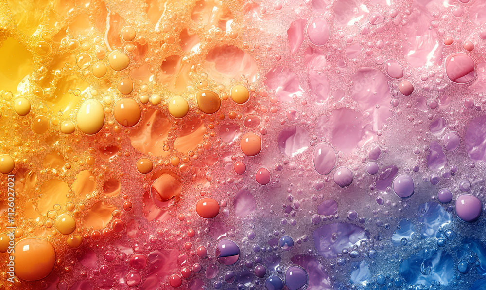 Poster abstract colorful background with flowing texture and bubbles.