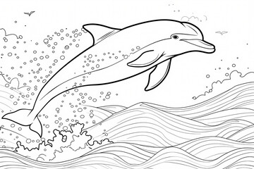 A playful dolphin leaps through the waves, surrounded by a dynamic ocean scene, perfect for a fun coloring activity.