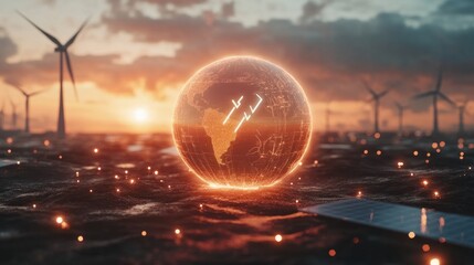 Fototapeta premium A glowing globe with arrows symbolizing carbon reduction and net zero, surrounded by renewable energy sources