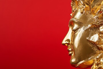 Obraz premium Golden goddess sculpture with radiant red background captures divine elegance