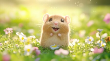 Adorable hamster smiles in a field of flowers. Perfect for spring, pet, or happiness themes.