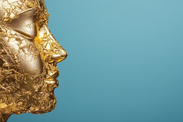 Fototapeta premium Gold leaf adorned face profile against blue background