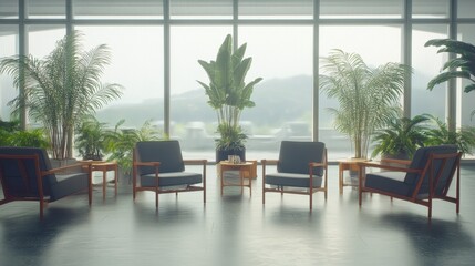 Obraz premium Serene Indoor Botanical Lounge with Panoramic Window View