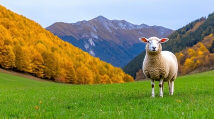 Fototapeta premium A vibrant autumn scene in a sheep grazing in a meadow. High Quality