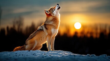 Obraz premium A vintage poster of a wolf howling at the moon in a snowy forest. High Quality