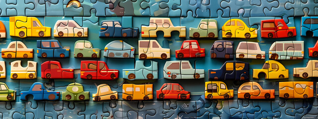 Fototapeta premium A vibrant children's puzzle featuring colorful cartoon cars arranged in rows, showcasing a playful and whimsical design that sparks imagination.