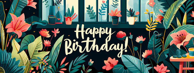 A vibrant and colorful birthday greeting with tropical plants and flowers, featuring 'Happy Birthday!' in an artistic script.