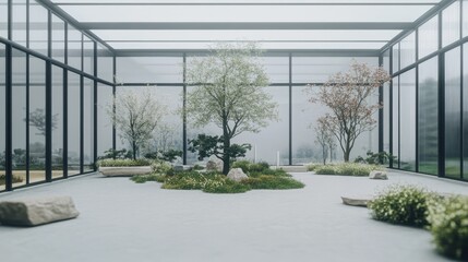 Obraz premium Serene Indoor Garden Oasis with Glass Walls and Lush Greenery