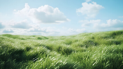 Vibrant Green Meadow with Lush Soft Grass and Clear Sky, Creating a Lively and Rejuvenating Atmosphere